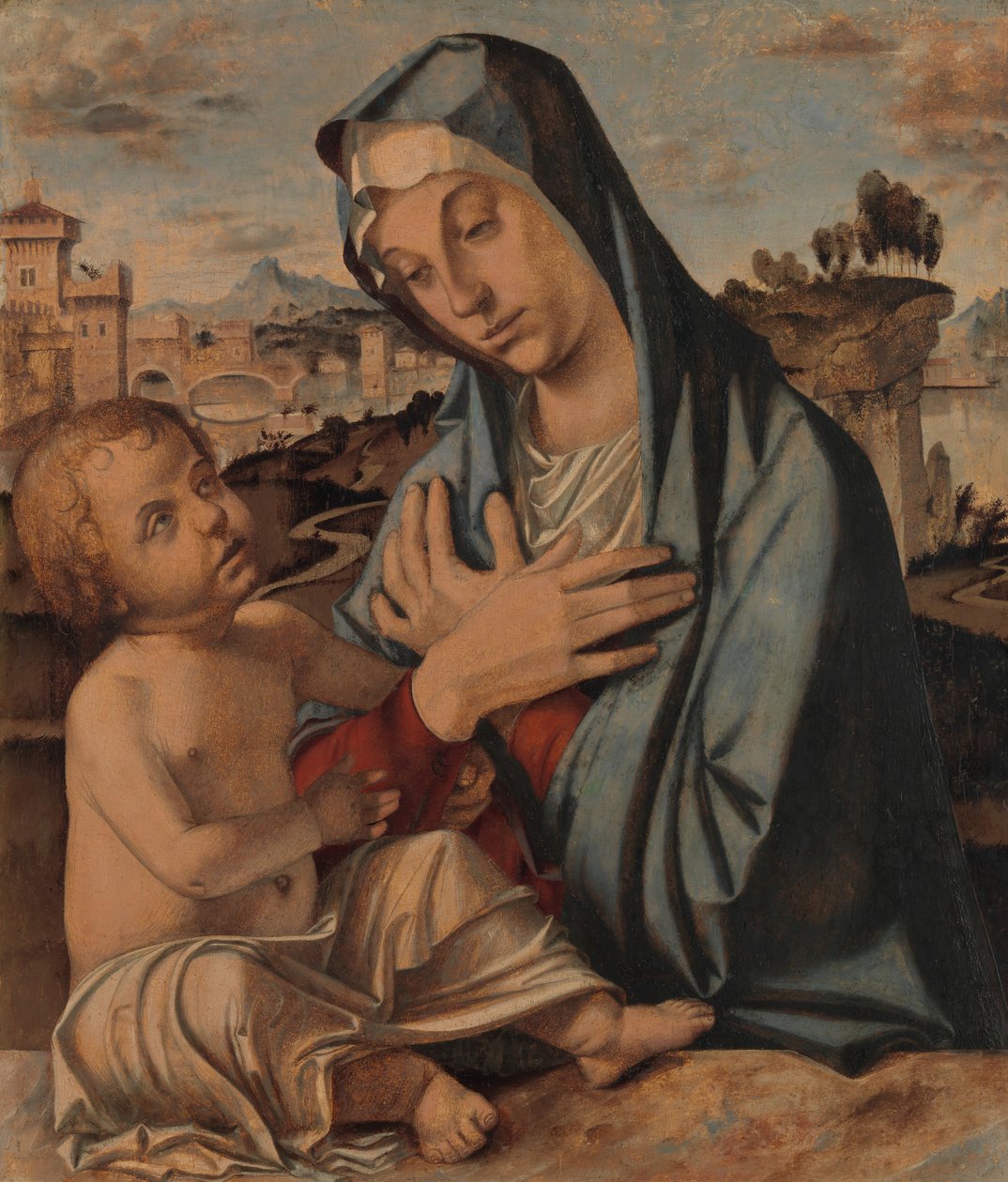 Madonna som älskar barnet. av Bartolomeo Montagna