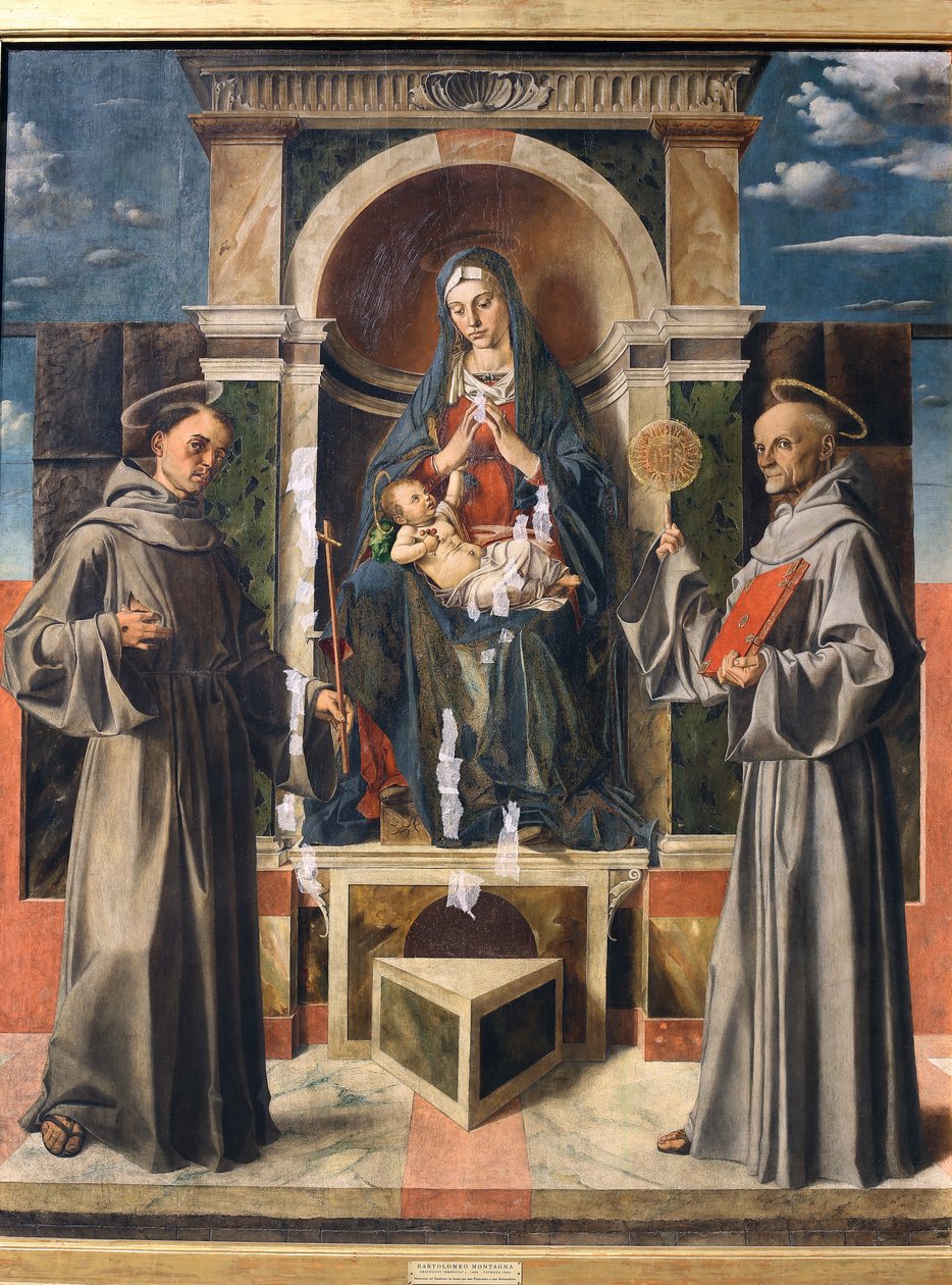 Madonna och barn tronade mellan Saint Francis och Saint Bernardino av Siena, ca 1490 av Bartolomeo Montagna