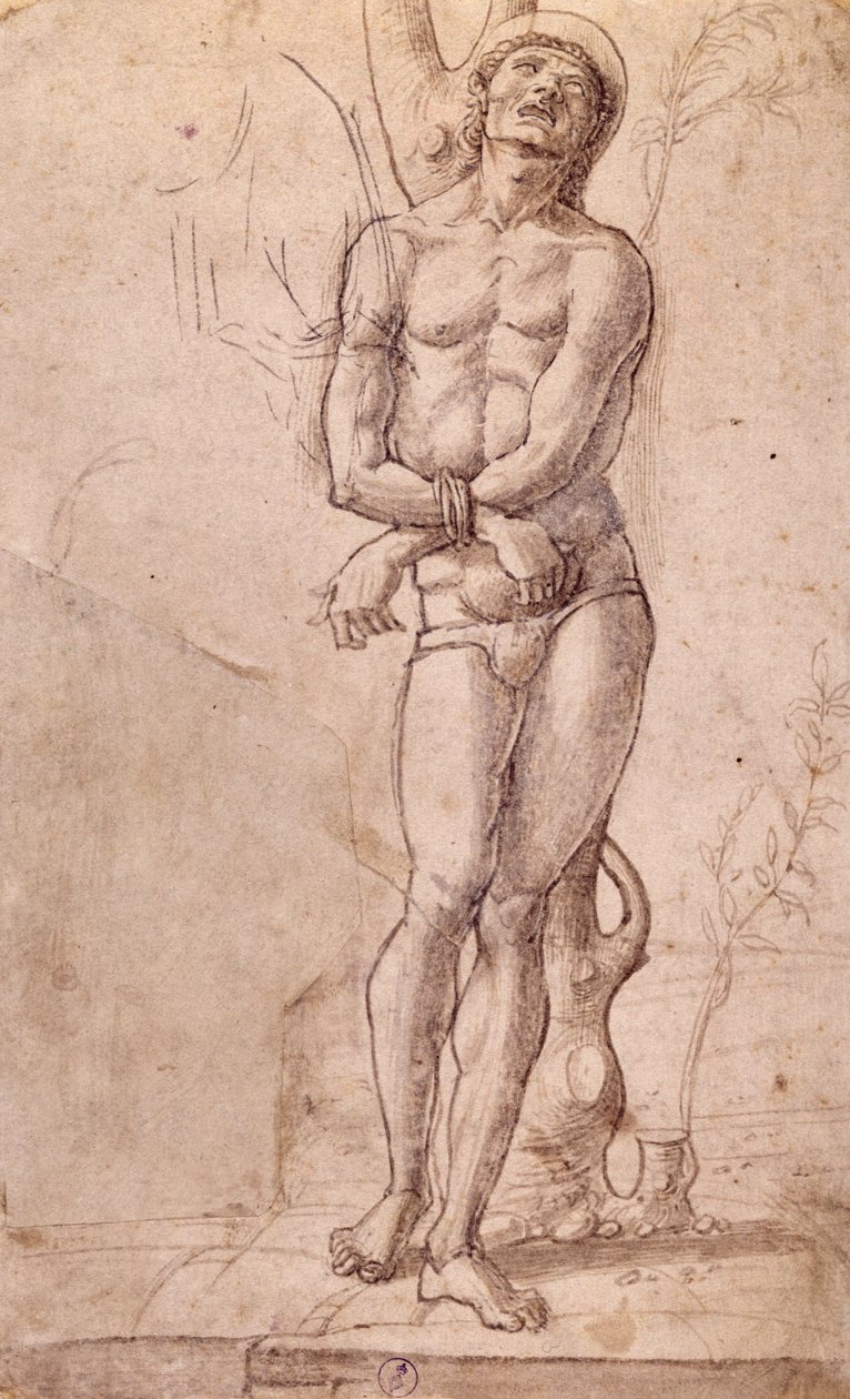 Sankt Sebastian, ca 1475, teckning av Bartolomeo Montagna (ca 1450-1523), penna och brunt bläck, med brun lavering, cm 20x15, Italien av Bartolomeo Montagna