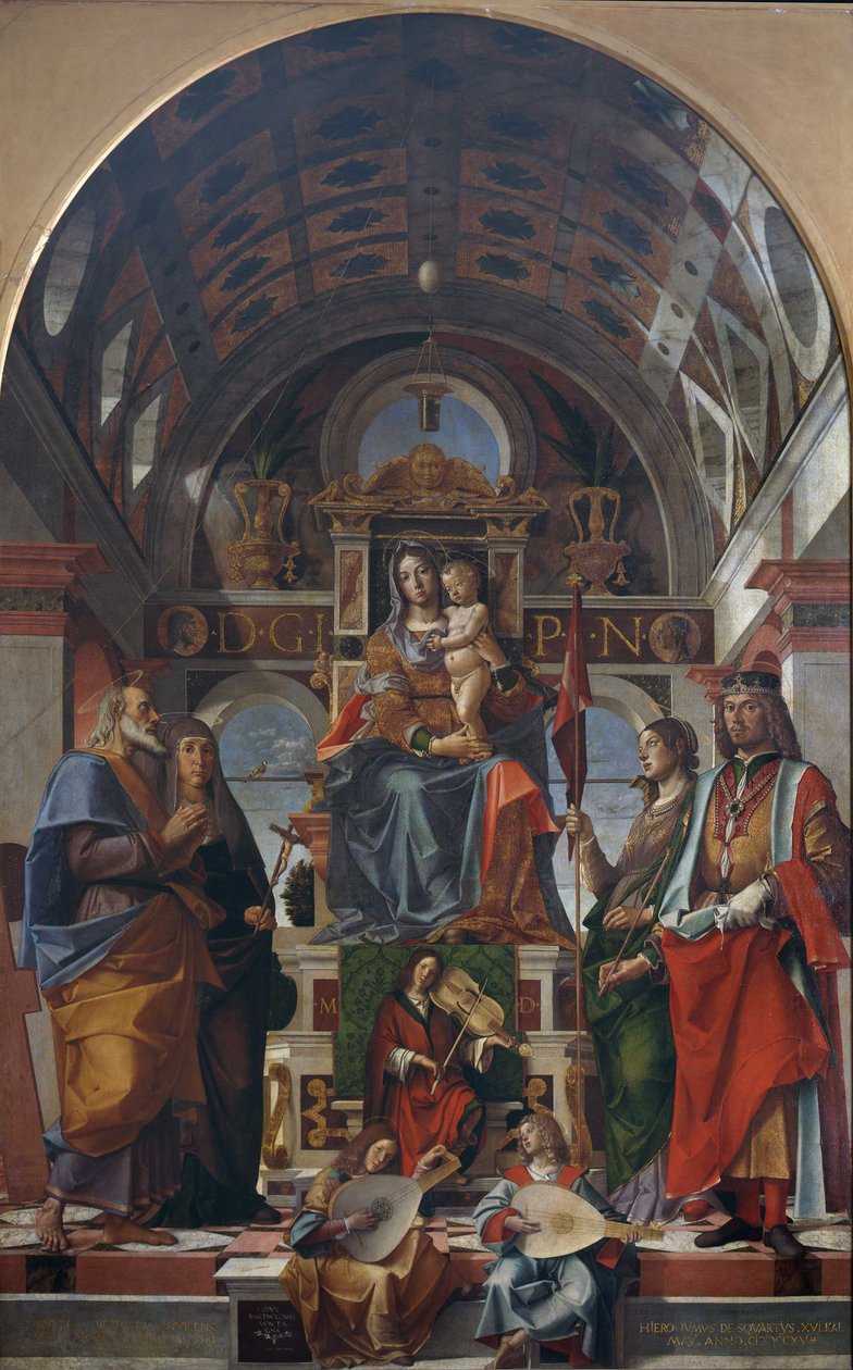 Jungfrun och barnet tronade med helgon och änglar som gör musik, 1499. av Bartolomeo Montagna