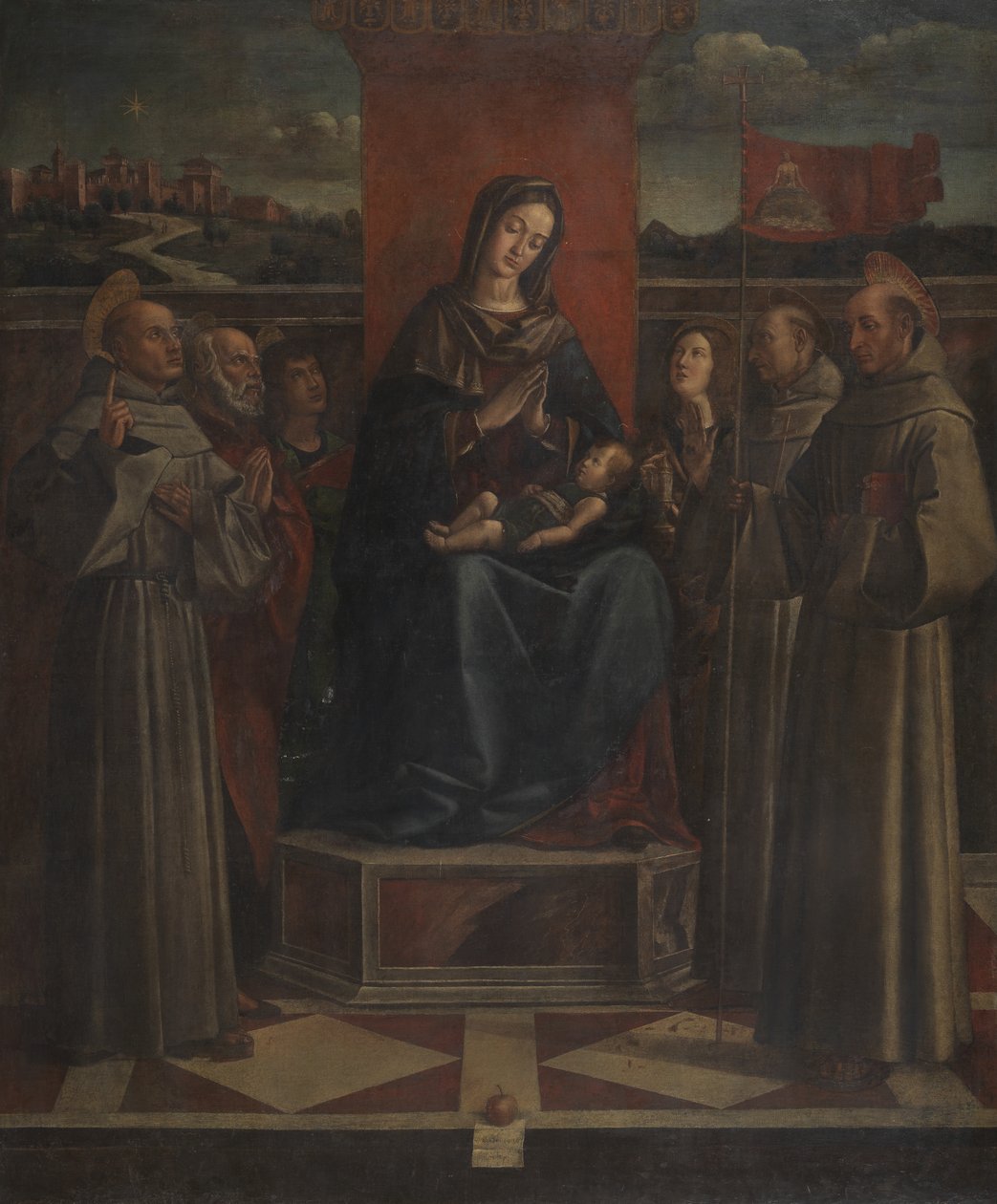Jungfru och barn tronade med sex heliga, ca 1500 av Bartolomeo Montagna