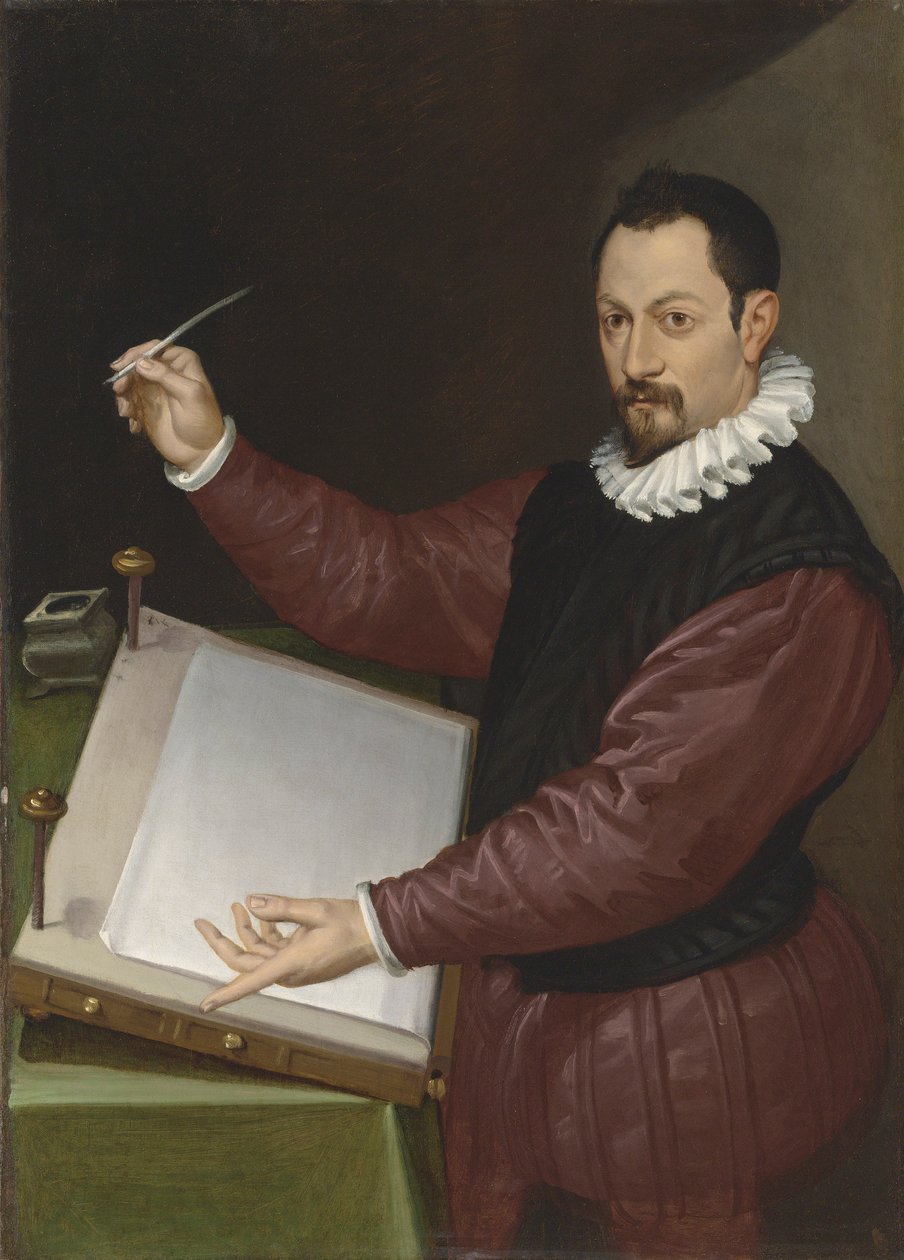 Porträtt av en skrivare i en röd dubblett och vit ruff (olja på duk) av Bartolomeo Passarotti