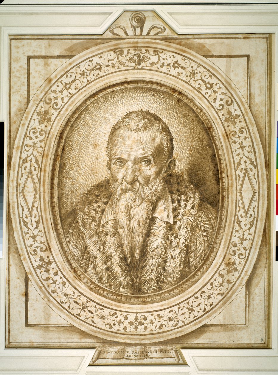 Självporträtt i ålderdom, med simulerad inramning (penna & brunt bläck på papper) av Bartolomeo Passarotti