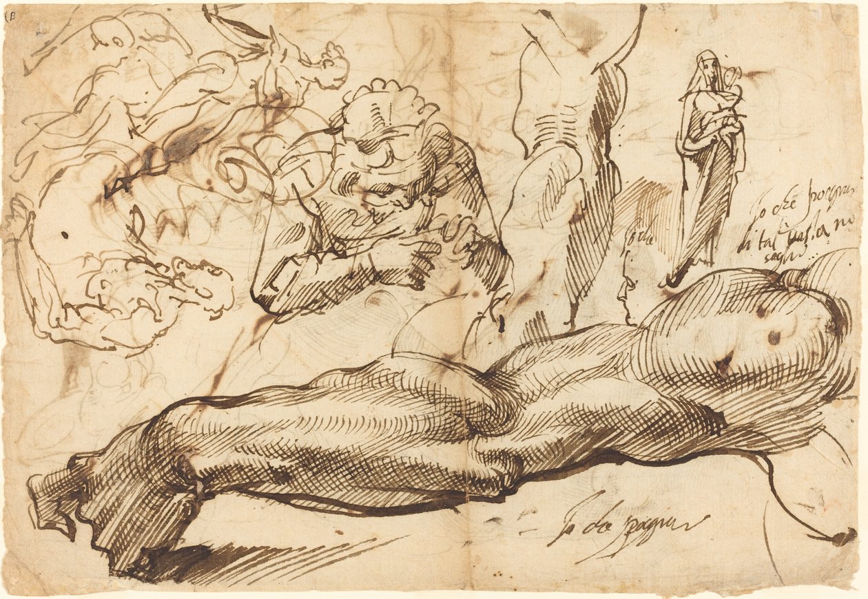 Studier av en vänsterarm, en ung kvinna, en madonna och ett barn, ett ansikte i profil och nakenfigurer av Bartolomeo Passarotti