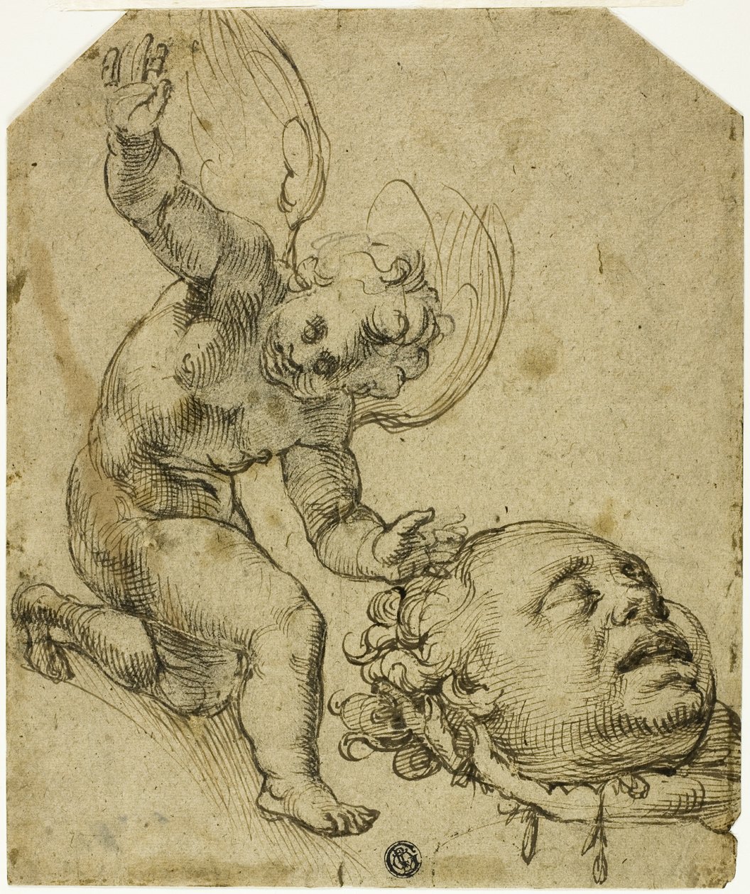 Två skisser: Knästående putto med huvud (recto) Detaljer av ett naket manligt barn (verso) av Bartolomeo Passarotti