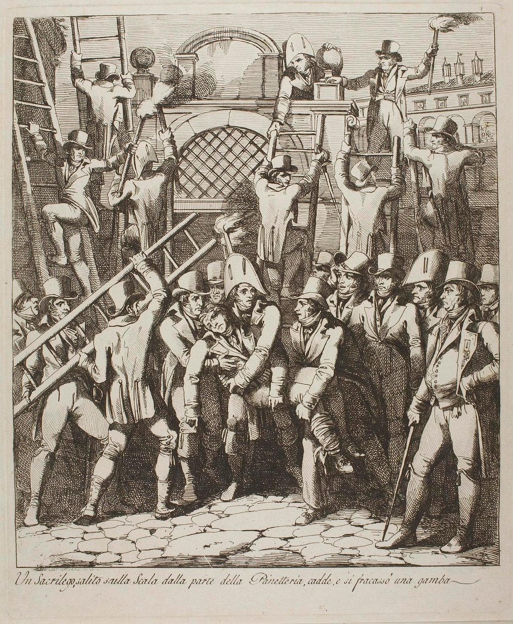 En hädare bryter benet när han klättrar över murarna till Vatikanen, 6 juli 1809 av Bartolomeo Pinelli