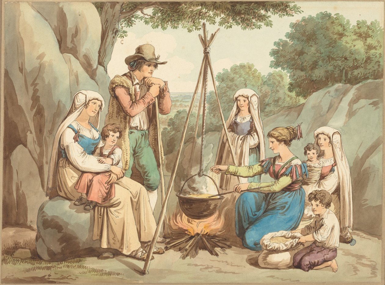En bondefamilj som lagar mat över en lägereld av Bartolomeo Pinelli