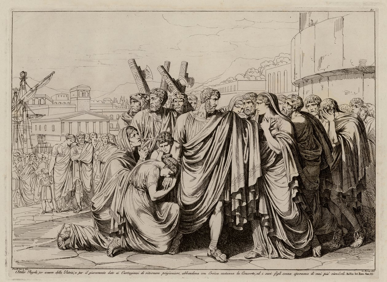Atilius Regulus förbereder sig för att lämna Rom för att återvända till fångenskapen i Kartago (etsning) av Bartolomeo Pinelli