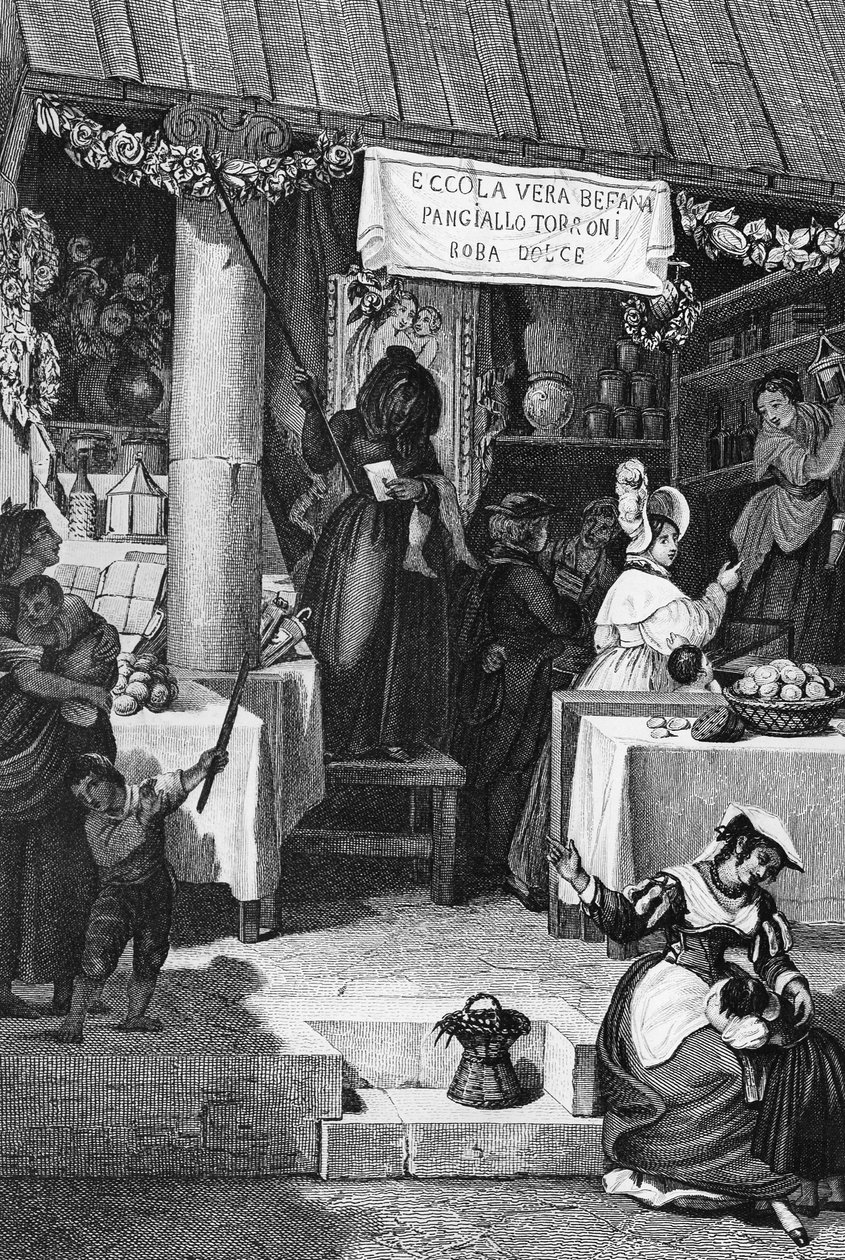 Befana (italiensk julhäxa), stånd som säljer godis och nougat på Piazza Navona under trettondedagen, Rom, gravyr av Bartolomeo Pinelli av Bartolomeo Pinelli