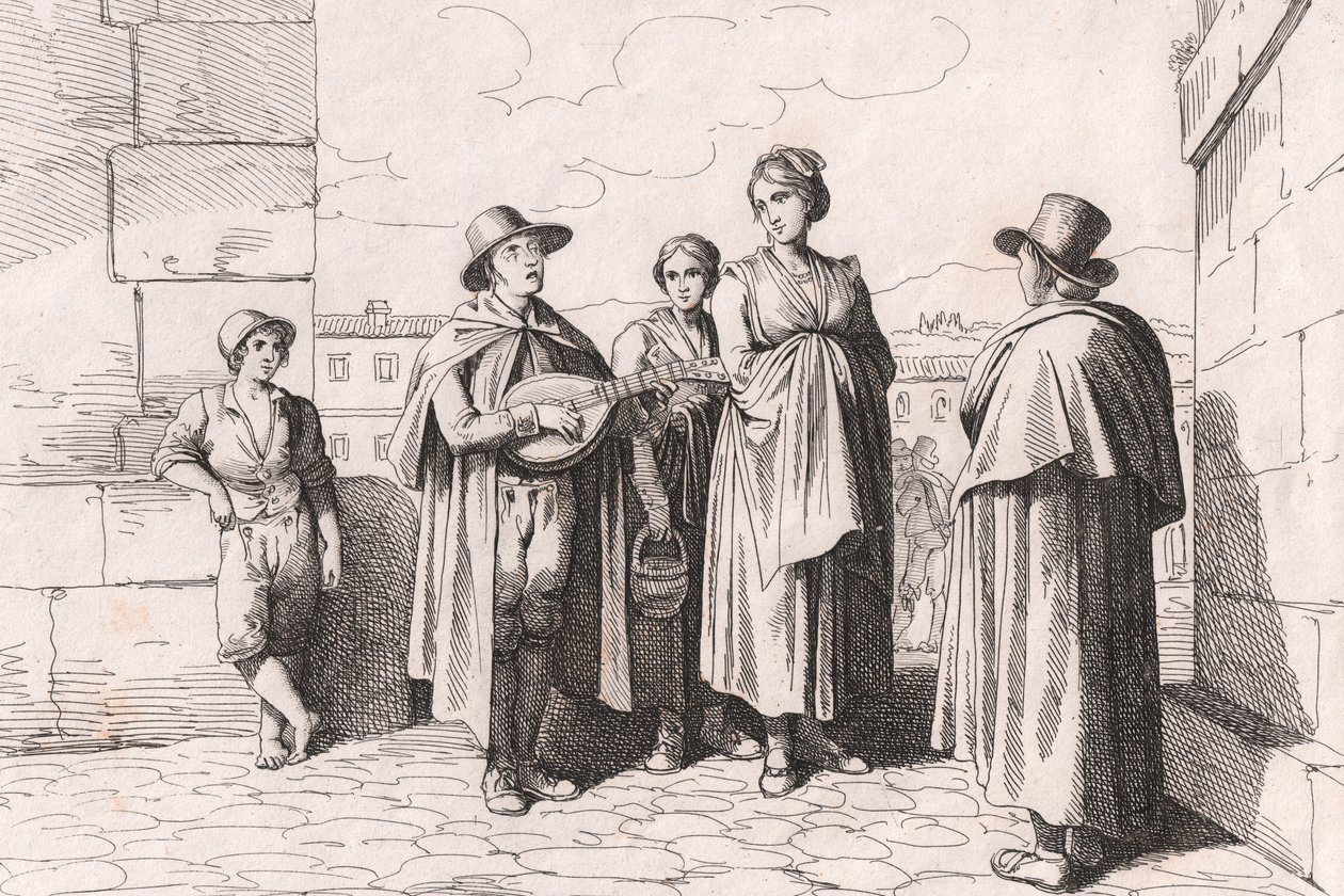Blind man som sjunger och spelar, etsning av Bartolomeo Pinelli (Rom av Bartolomeo Pinelli