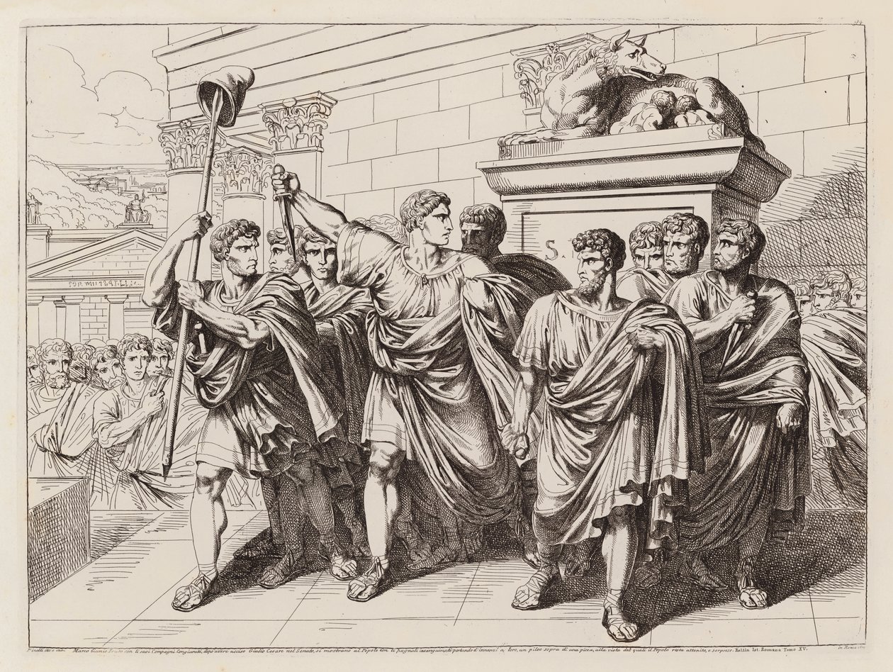 Brutus och hans medkonspiratörer lämnar senaten efter att ha dödat Julius Caesar, 44 f.Kr (etsning) av Bartolomeo Pinelli