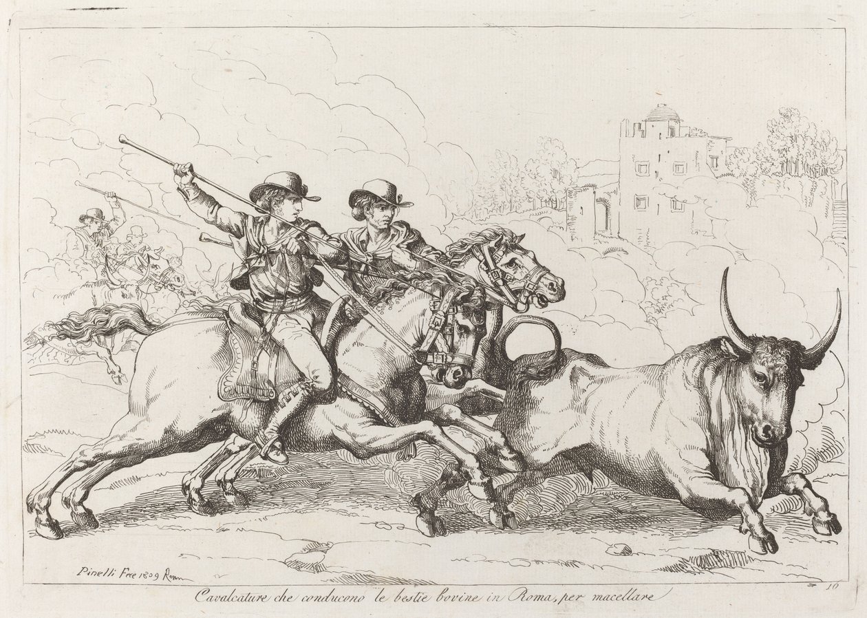 Boskap drevs till slakt i Rom (Plåt 16) av Bartolomeo Pinelli