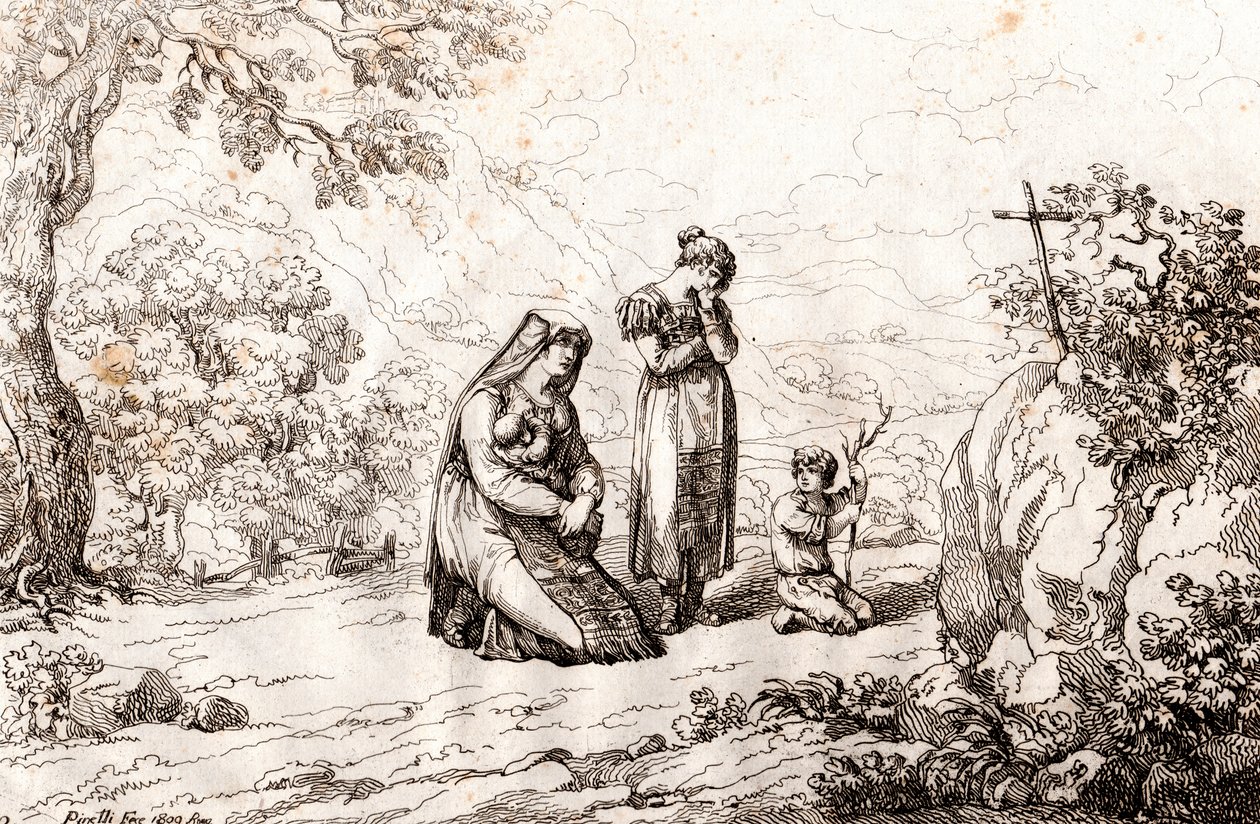 Ciociara kvinna ber framför korset där hennes man dödades, etsning av Bartolomeo Pinelli (Rom av Bartolomeo Pinelli