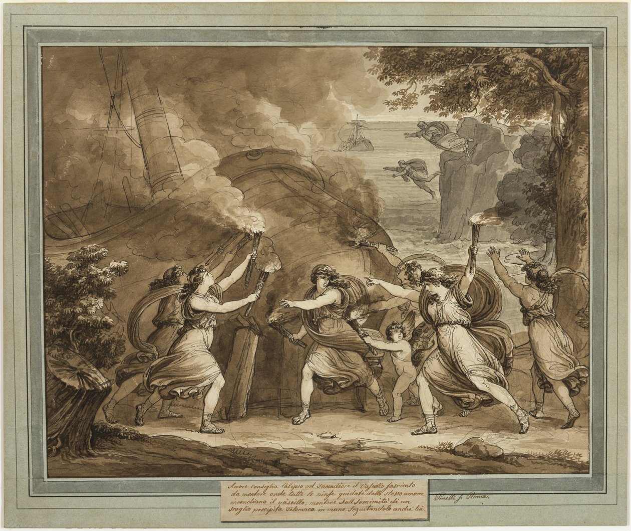 Cupid råder Calypso att sätta eld på mentors skepp, från Telemachos äventyr, bok 7 av Bartolomeo Pinelli