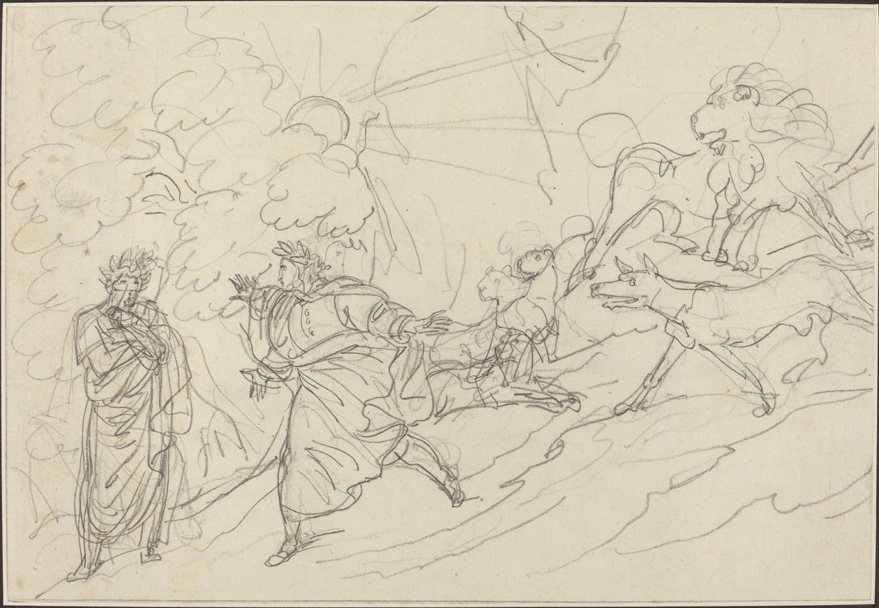 Dante flyr från vilddjuren och möter Vergilius av Bartolomeo Pinelli