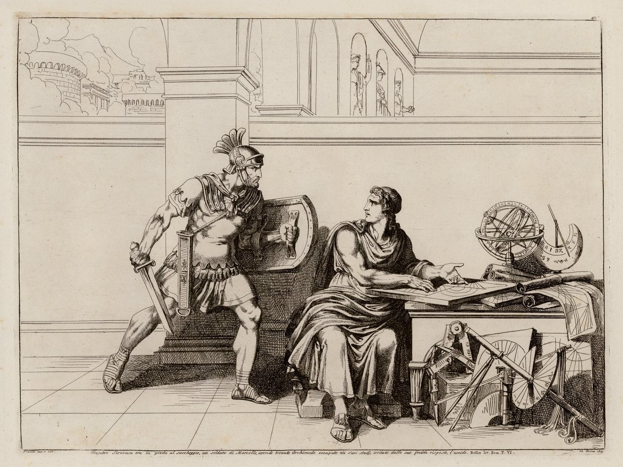 Arkimedes död under belägringen av Syrakusa, 212 f.Kr (etsning) av Bartolomeo Pinelli