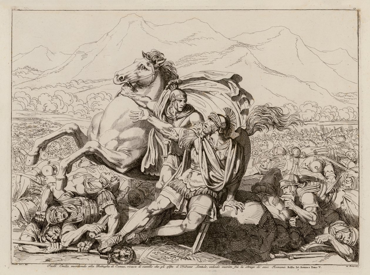 Lucius Aemilius Paullus död vid slaget vid Cannae, 216 f.Kr (etsning) av Bartolomeo Pinelli