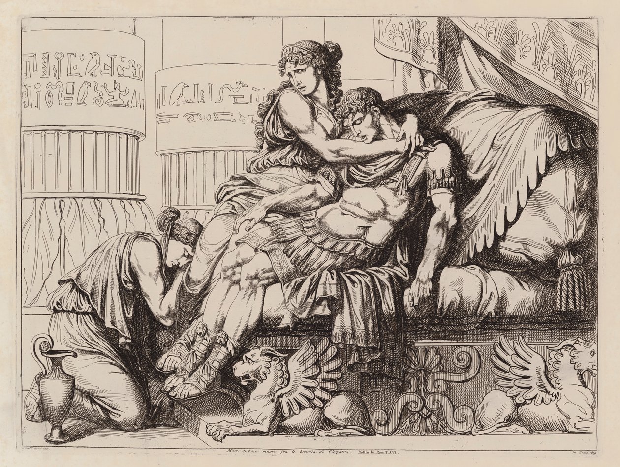 Marcus Antonius död i Kleopatras famn, 30 f.Kr (etsning) av Bartolomeo Pinelli