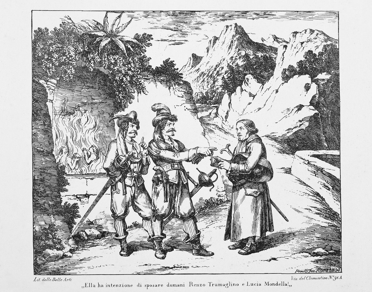 Don Abbondio möter två Bravi, litografi av Bartolomeo Pinelli (1781-1835) för The Troloved av Alessandro Manzoni (1785-1873), Italien, 1800-talet av Bartolomeo Pinelli