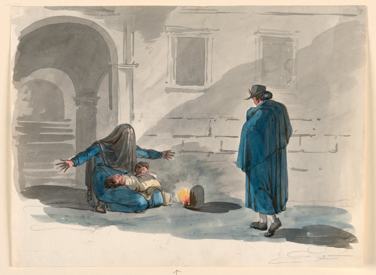 Teckning, En utblottad kvinna i Rom, 1807-08 av Bartolomeo Pinelli