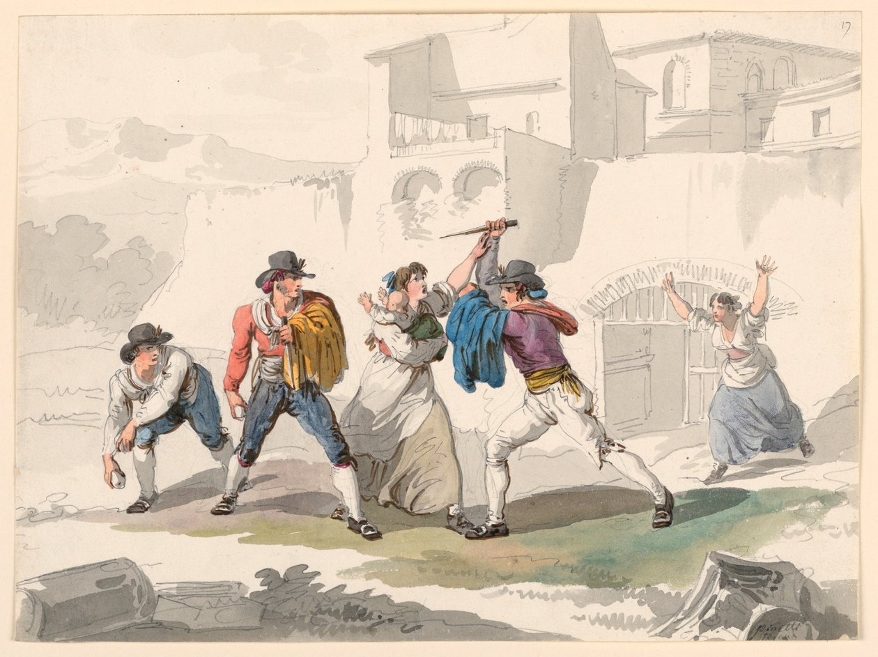 Teckning, En huslig dispyt i Tivoli, 1807-08 av Bartolomeo Pinelli