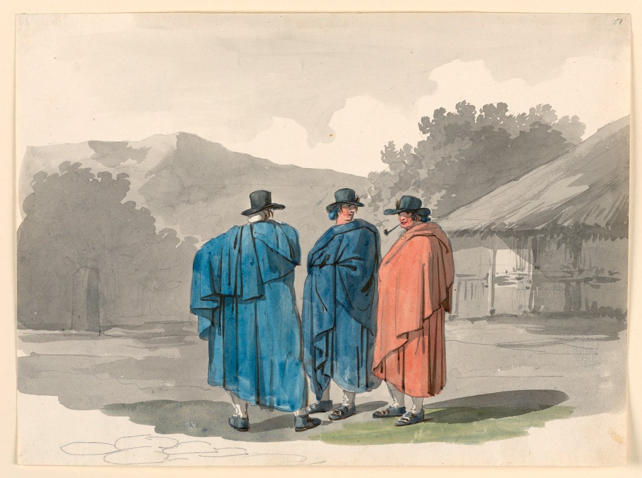 Teckning, En grupp om tre bönder i en by, 1807-08 av Bartolomeo Pinelli