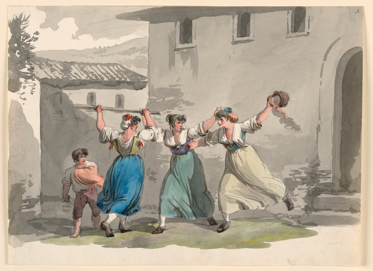 Teckning, Kvinnokamp i Rom, 1807-08 av Bartolomeo Pinelli