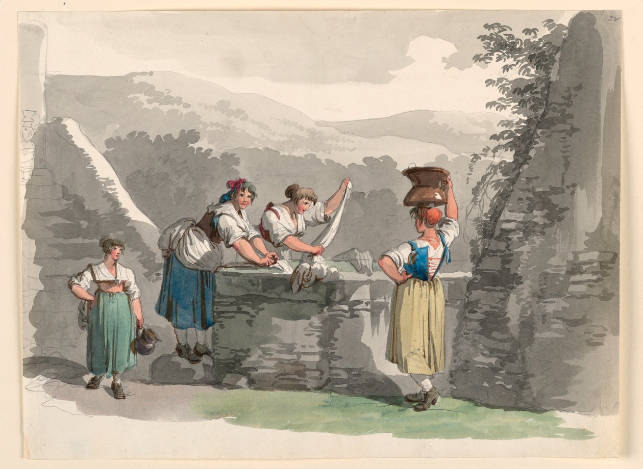 Teckning, Tvätt i bergen i närheten av Rom, 1807-08 av Bartolomeo Pinelli