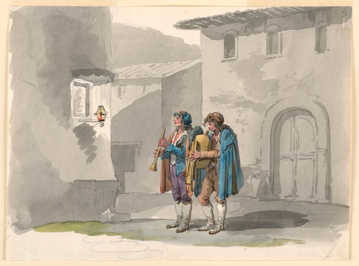 Teckning, "Pifferari", två pipare från Abruzzerna i Rom, 1807-08 av Bartolomeo Pinelli