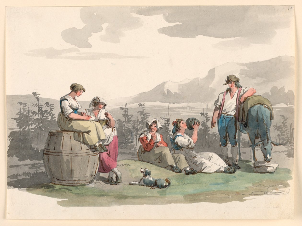 Teckning, vila under vinskörden, 1807-08 av Bartolomeo Pinelli