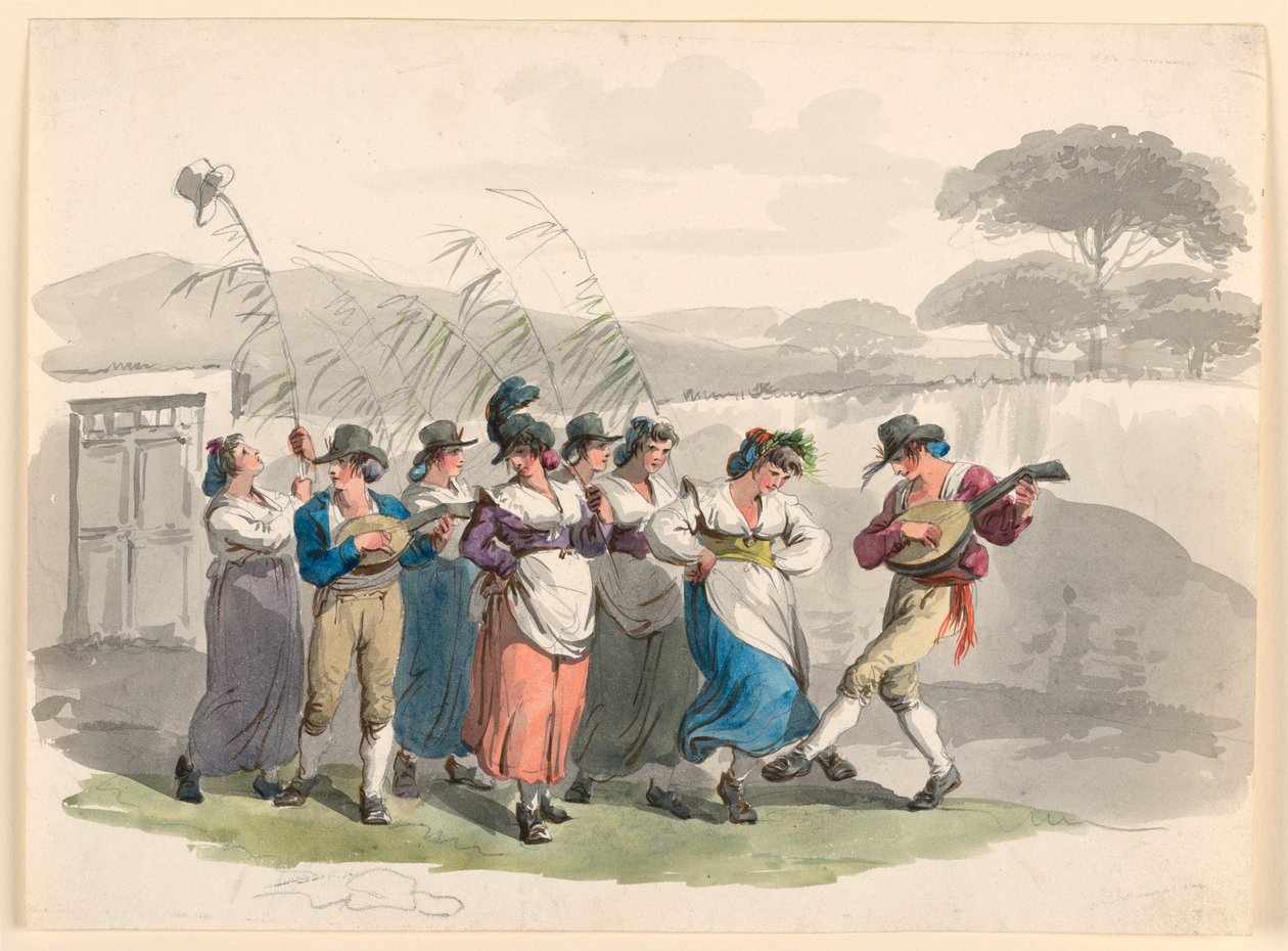 Teckning, "Saltarello Romano", Dansande bönder i Roms grannskap, 1807-08 av Bartolomeo Pinelli