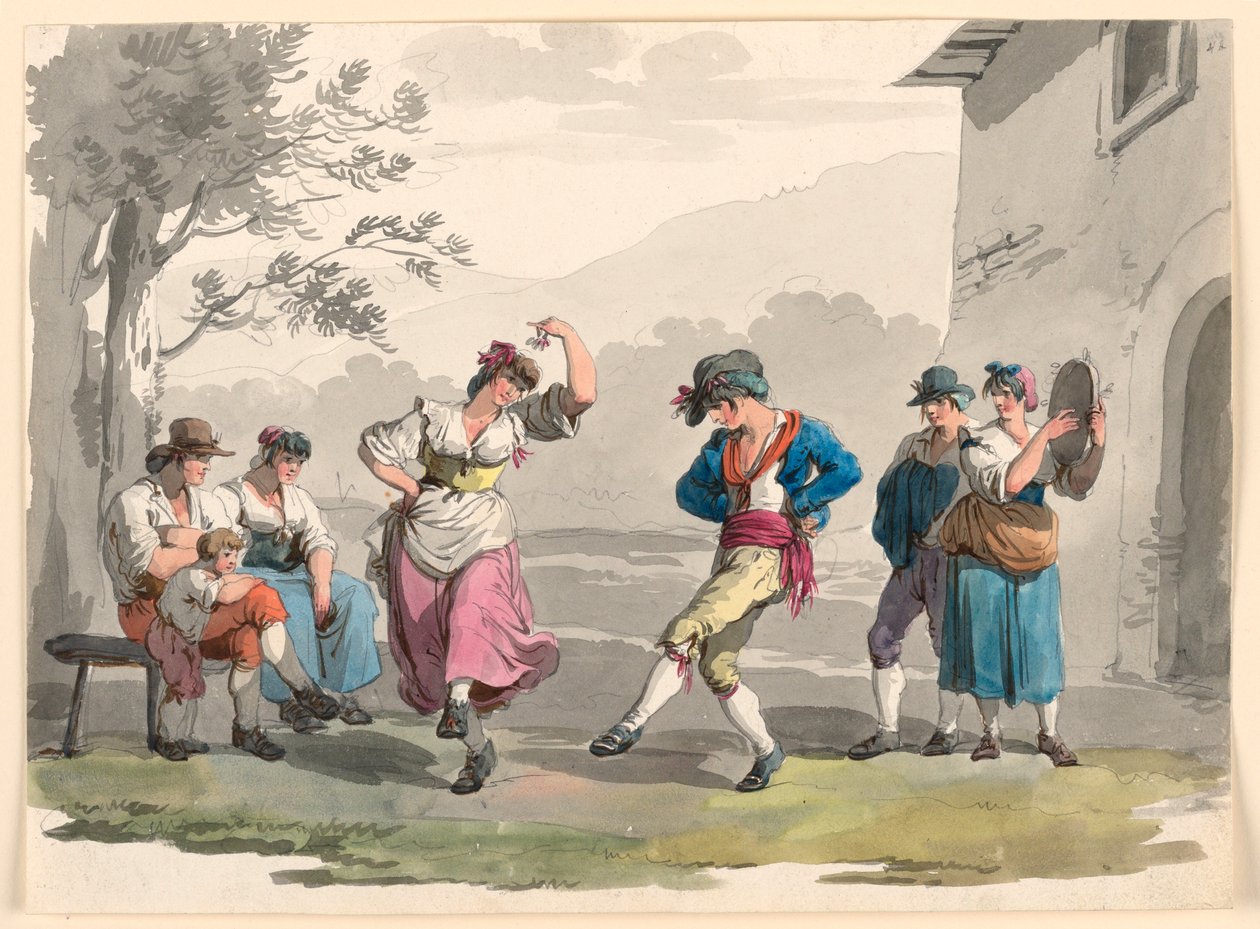 Teckning, "Saltarello Romano", Dansande bönder i Roms grannskap, 1807-08 av Bartolomeo Pinelli