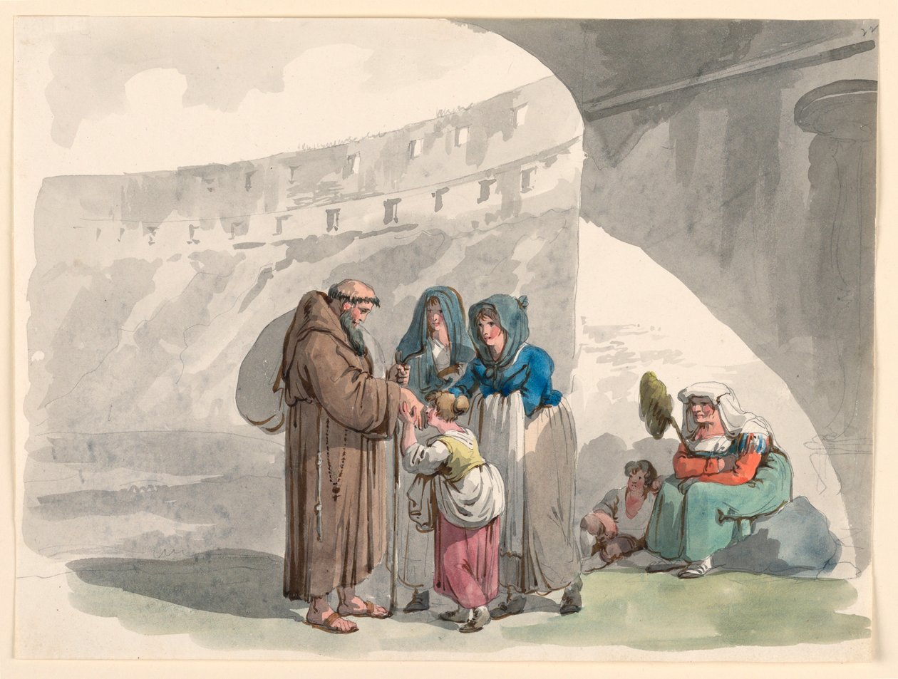 Teckning, En eremits hälsning, 1807-08 av Bartolomeo Pinelli