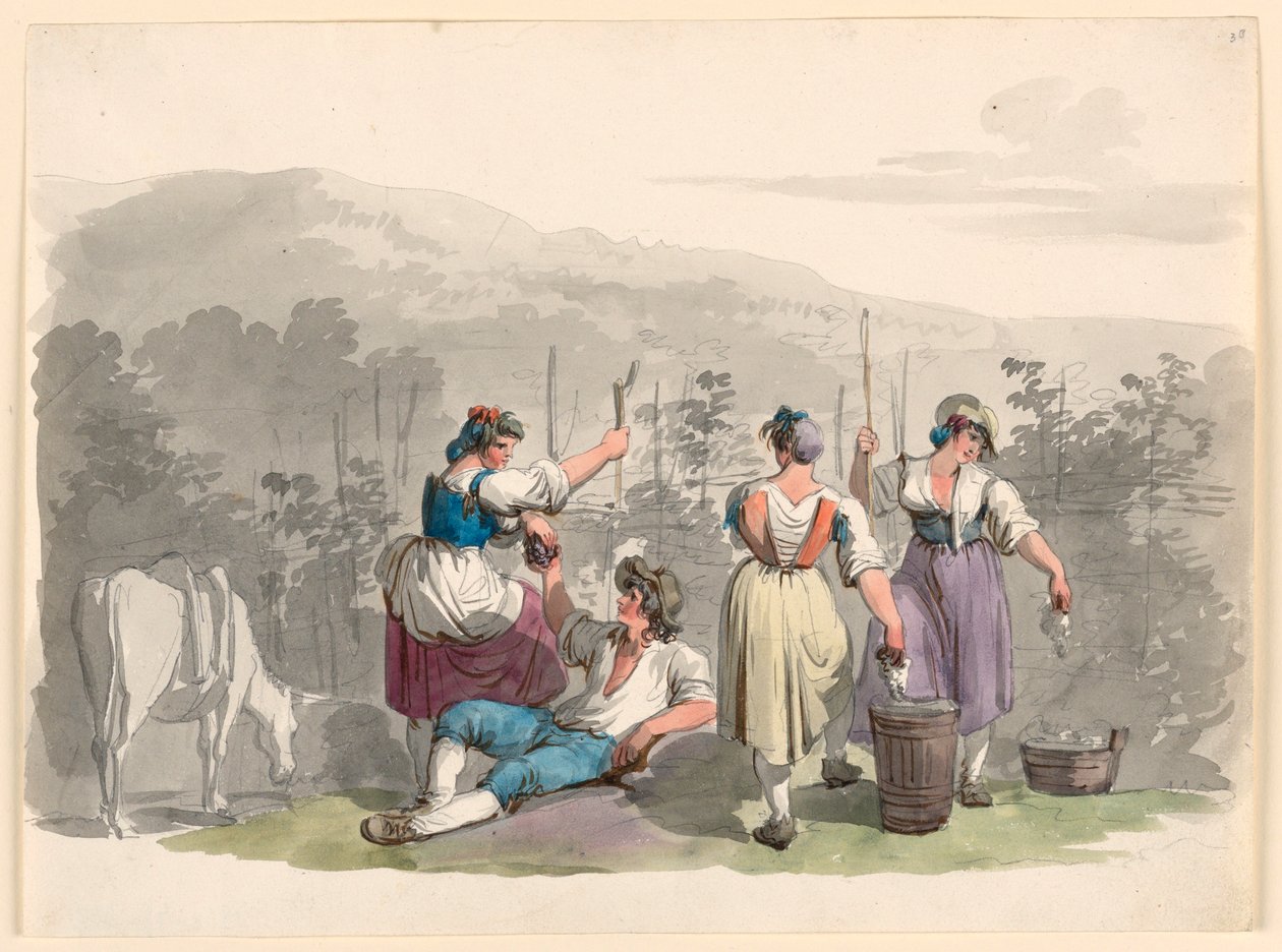Teckning, Vintage i bergen i närheten av Rom, 1807-08 av Bartolomeo Pinelli