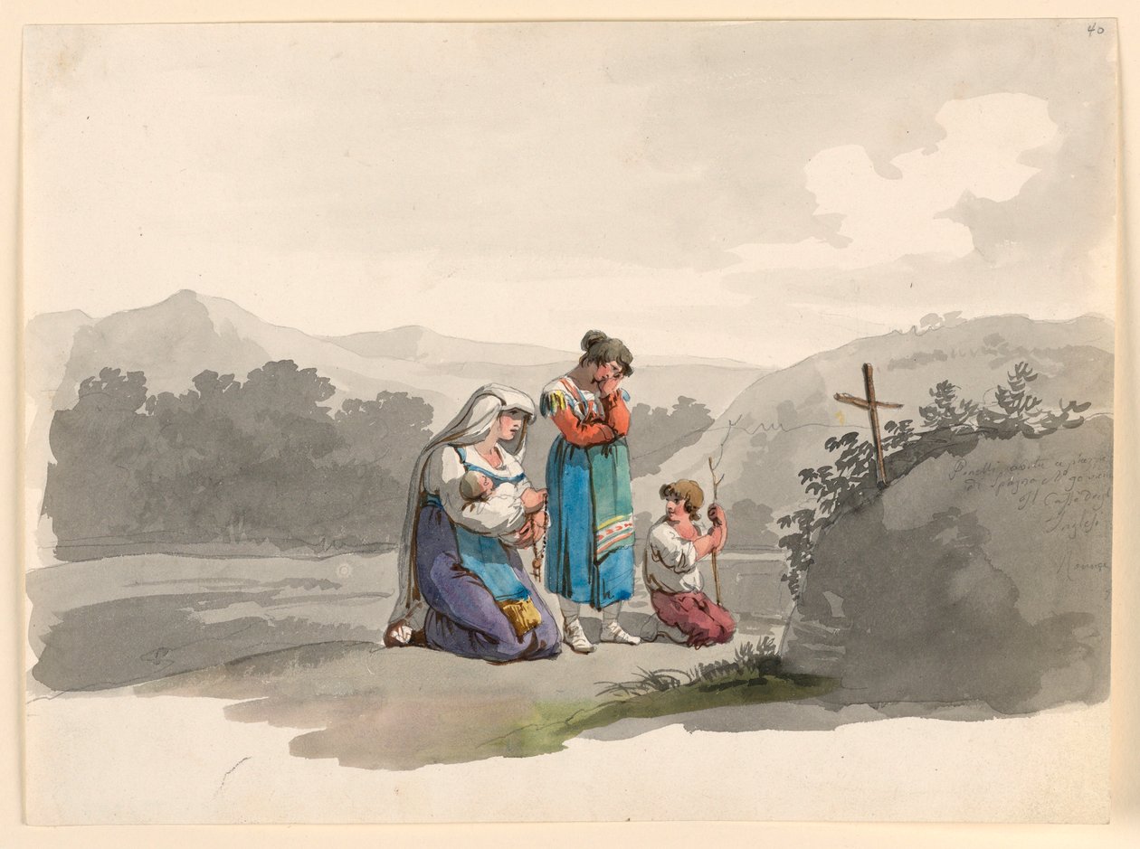 Teckning, kvinna med spädbarn som ber framför korset som markerar platsen där hennes make dödades, 1807-08 av Bartolomeo Pinelli