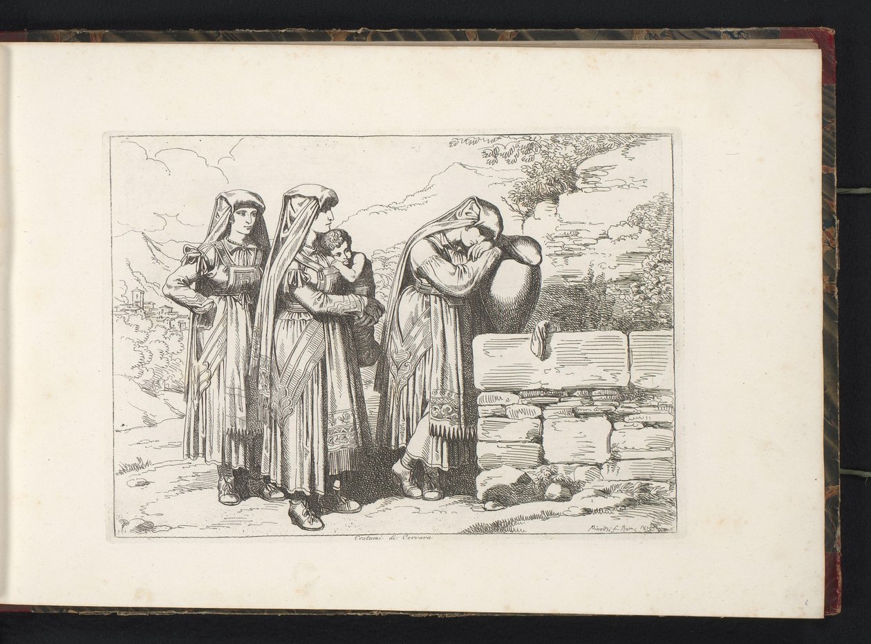 Tre kvinnor och ett barn från Cervara di Roma Costumi di Cervara (titel på objekt) Kostymtryck med figurer från Rom med omnejd (serietitel) Nuova raccolta di cinquanta costumi de contorni di Roma (serietitel) av Bartolomeo Pinelli