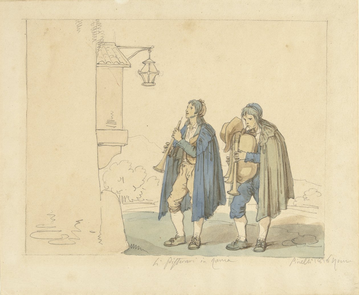 Flöjtspelare och säckpipsspelare framför ett hus Li Pifferari i Roma (titel på objekt) av Bartolomeo Pinelli