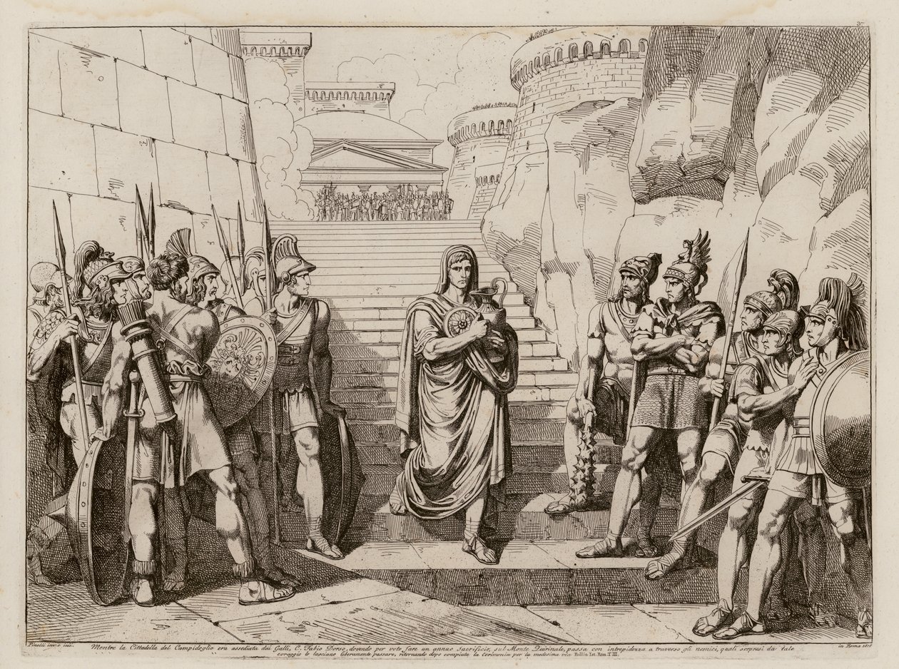 Gaius Fabius Dorsuo passerar obehindrat gallerna på väg till ett offer, 390 f.Kr (etsning) av Bartolomeo Pinelli