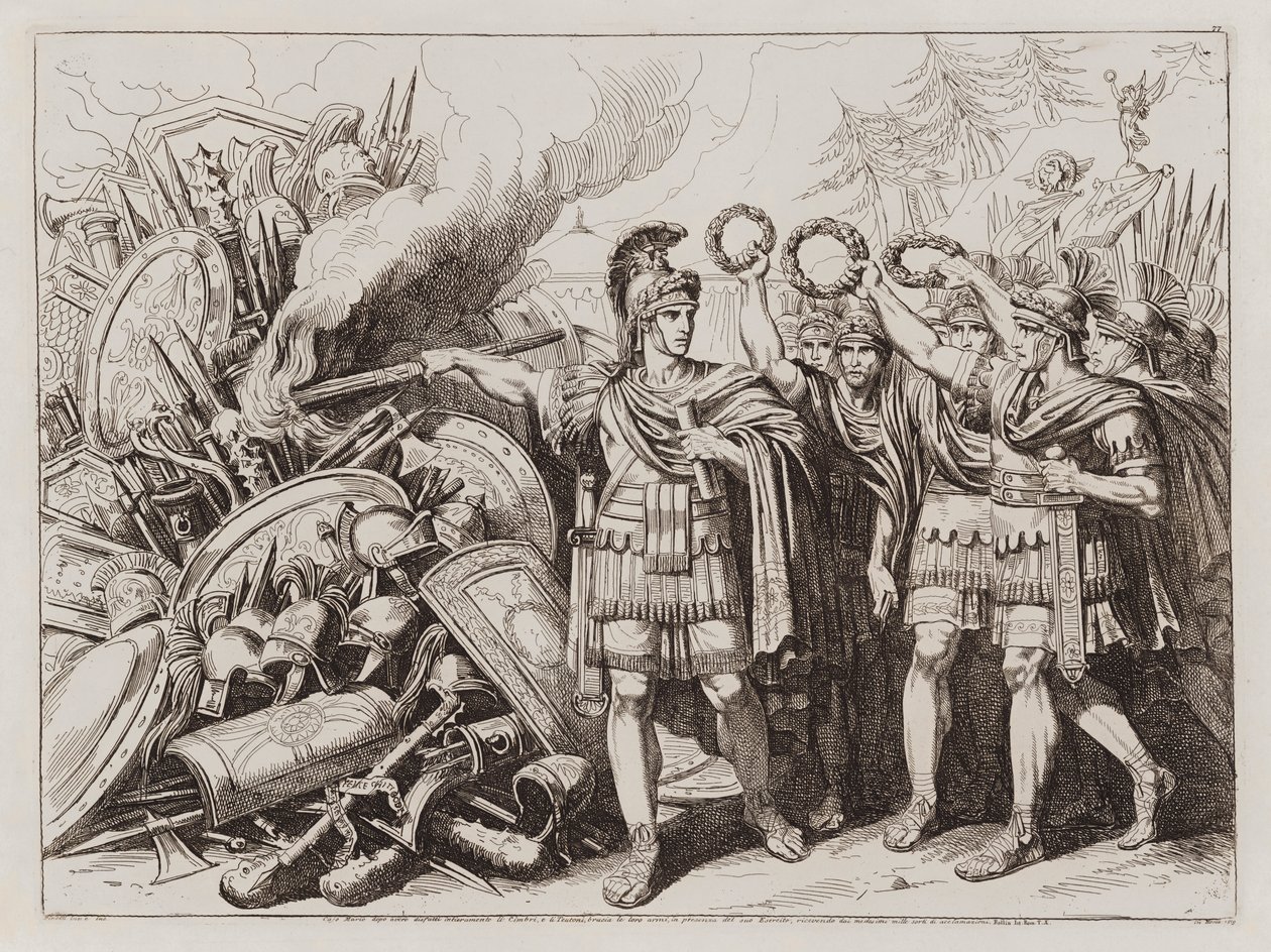 Gaius Marius bränner cimbriernas och teutonernas vapen av Bartolomeo Pinelli