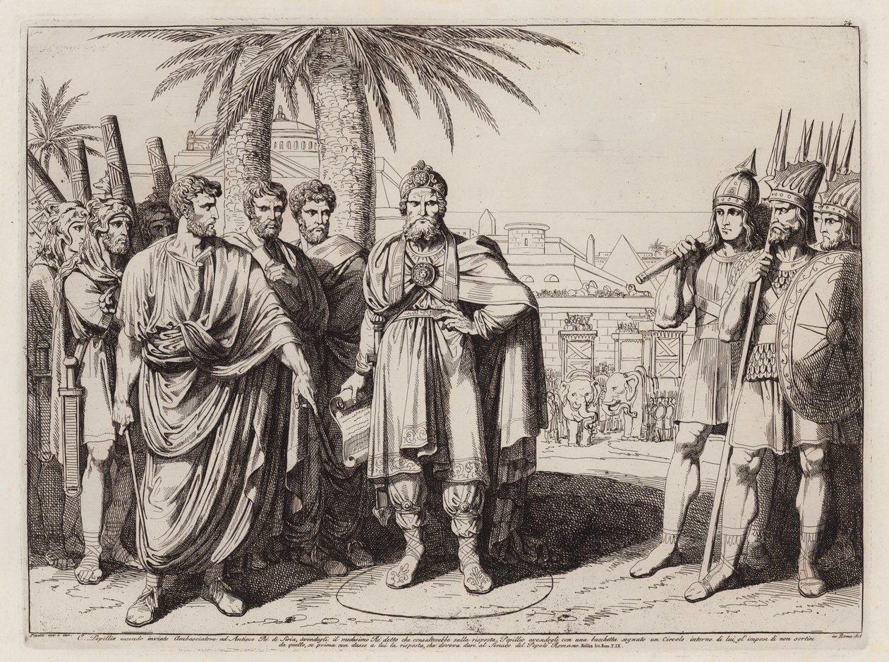 Gaius Popillius Laenas ritar en cirkel i sanden runt Antiochus IV Epiphanes (etsning) av Bartolomeo Pinelli