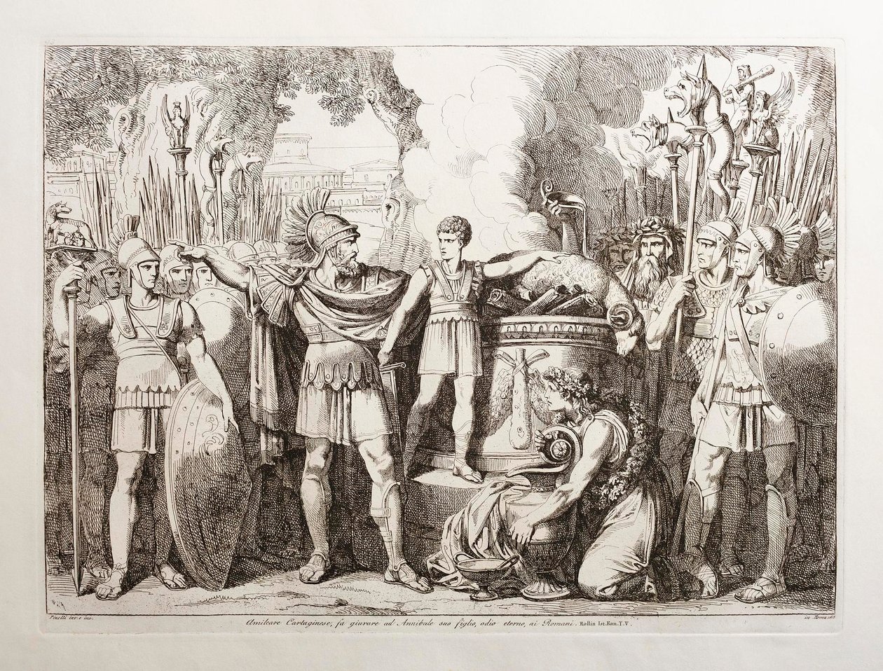 Hamilkar Barca får sin son Hannibal att svära på evigt hat mot romarna av Bartolomeo Pinelli