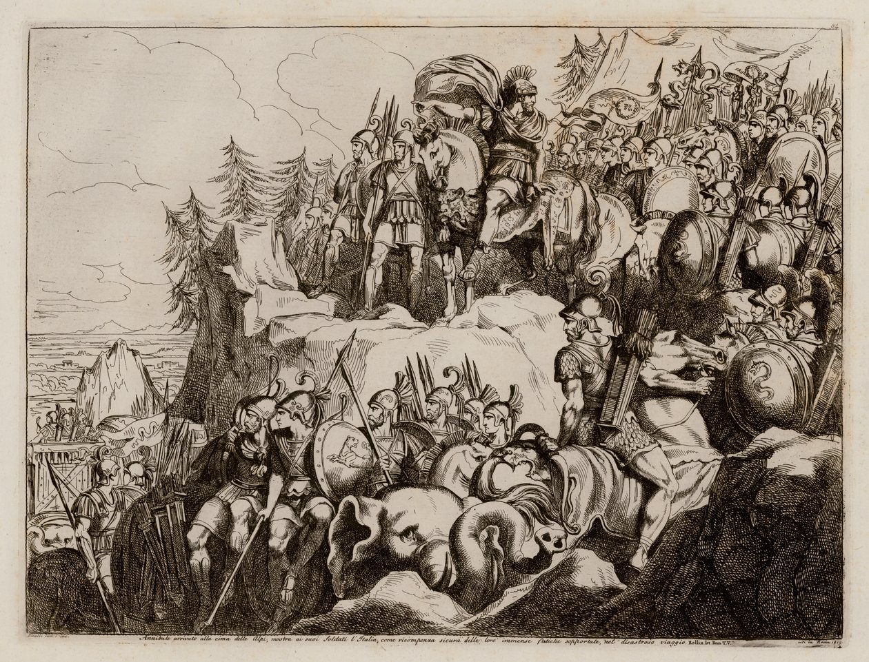 Hannibal korsar Alperna till Italien, 218 f.Kr (etsning) av Bartolomeo Pinelli