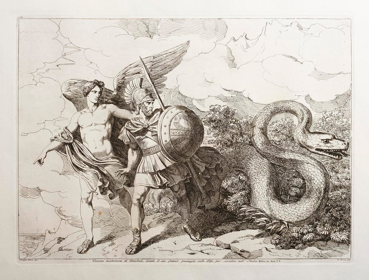 Hannibals mystiska syn, inför hans berömda färd över Alperna för att ta sig ner till Italien av Bartolomeo Pinelli