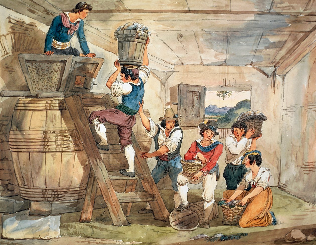 Skördare som tar druvor till press av Bartolomeo Pinelli