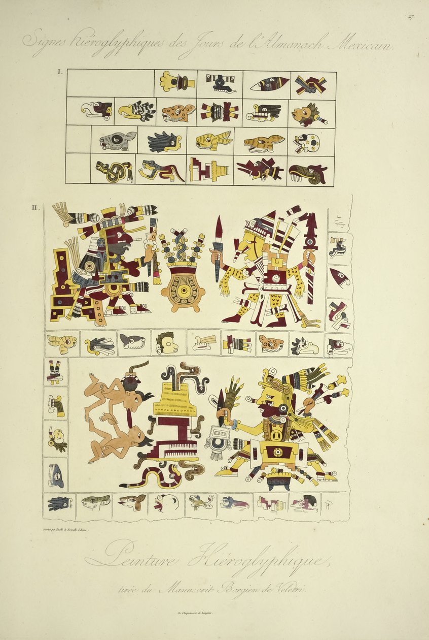 Hieroglyfiska målningar, från Borgia-manuskriptet i Veletri, illustration från "Views of the Cordilleras and Monuments of the Indigenous Peoples of America" ​​av Alexander von Humboldt och Aime Bonpland av Bartolomeo Pinelli