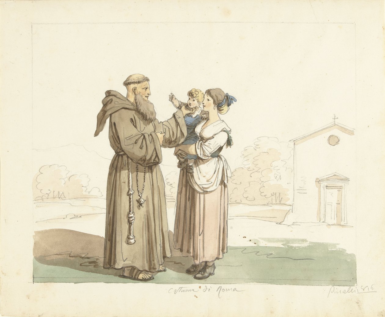 Ung kvinna med barn som står framför en munk av Bartolomeo Pinelli