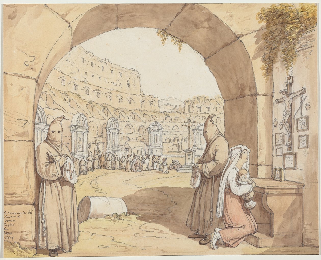 La Compagnia dei sacconi al Colosseo (Botgörare som ber vid altarna i Colosseum) av Bartolomeo Pinelli