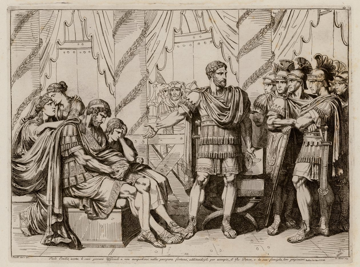 Lucius Aemilius Paullus Macedonicus pekar på den besegrade kung Perseus av Makedonien av Bartolomeo Pinelli