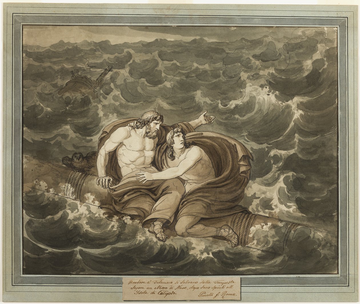 Mentor och Telemachus, efter att ha överlevt stormen, är glada till ön Calypso på en mast, från Telemachos äventyr, bok 6 av Bartolomeo Pinelli