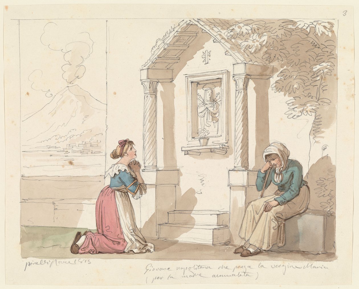 En kvinna från Neapel som ber till Jungfru Maria för sin sjuka mor, illustration till boken ”Romerska dräkter och seder” av Bartolomeo Pinelli
